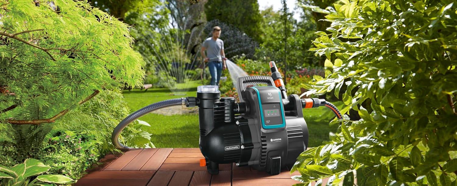 imageGARDENA Kit Smart Pressure Pump Pompe darrosage de surface 50005 Commande Par AppTablette avec Passerelle Smart Gateway Dbit 5 000 LH Protection Contre le Fonctionnement Sec 1910620jusqu 5000 lh commande par appGateway