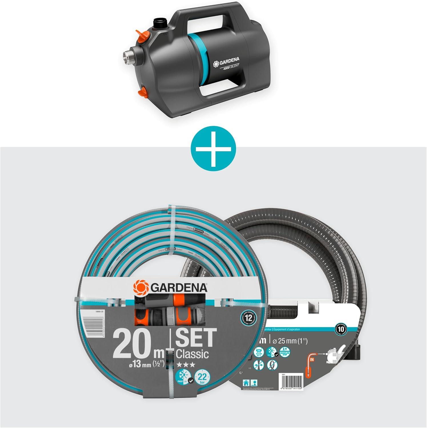 imageGardena Pompe de jardin 4200 Silent Set Pompe dirrigation trs silencieuse et innovante avec kit daspiration de 35 m et tuyau classique de 20 m dbit 4200 lh moteur 600 W tanche905520