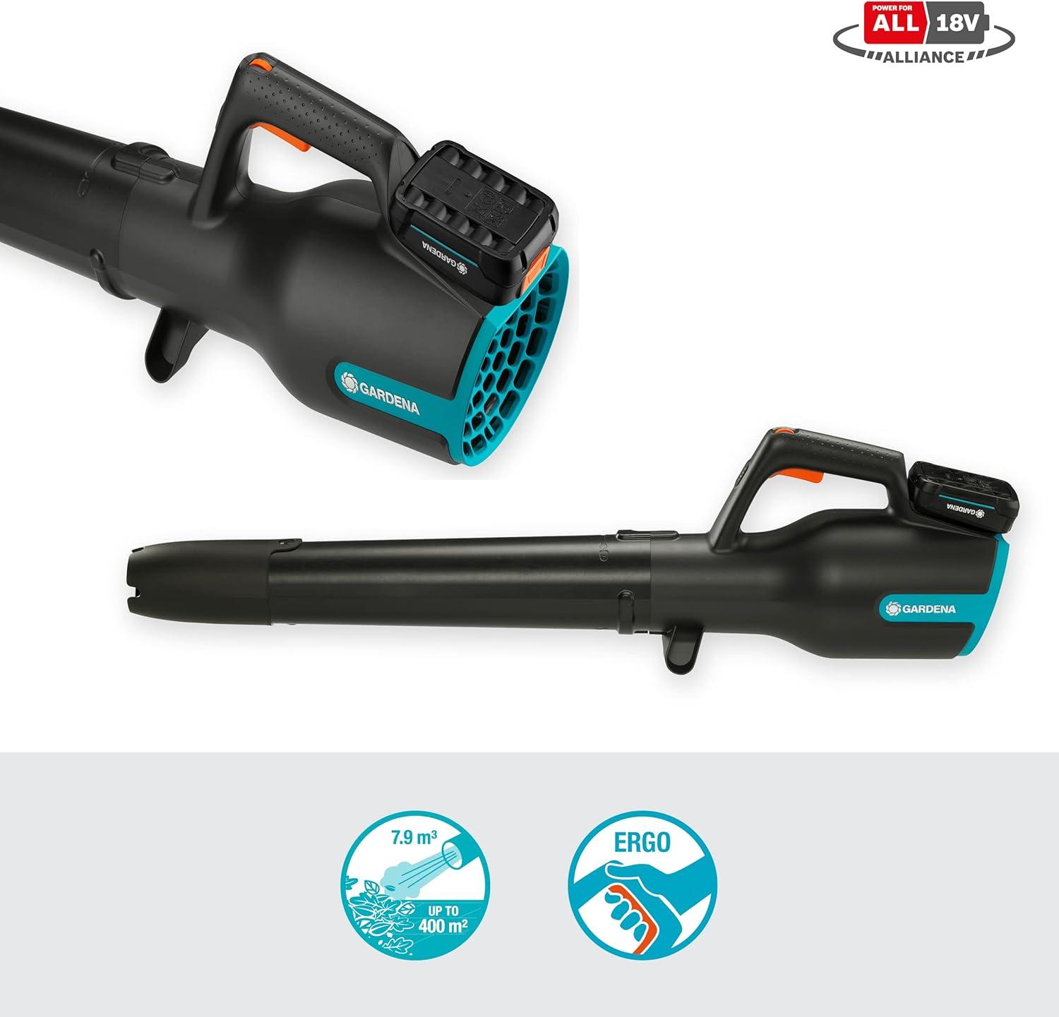 imageGardena Souffleur de feuilles sans fil PowerJet 18V P4A sans batterie souffleur de feuilles efficace avec moteur de 18 V vitesse de soufflage 100 kmh faible poids poigne ergonomique 1489055avec batterie