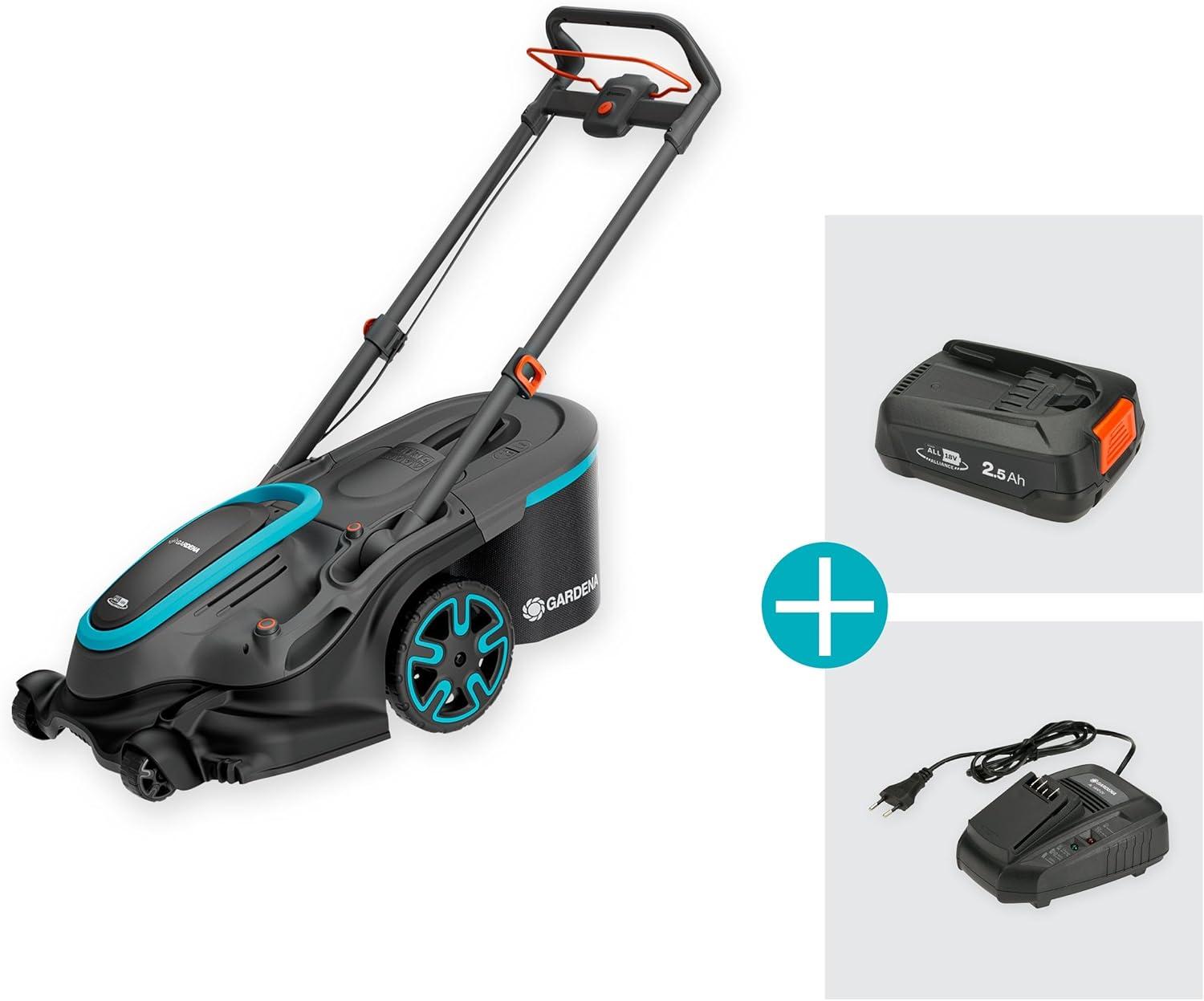 imageGardena Tondeuse Gazon sans Fil PowerMax Duo 4636V Solo Technologie DuoBlade Largeur de Coupe 46 cm Compatible Power for All Design Ergonomique 1464655Lensemble comprend 2 piles de 2 5 Ah