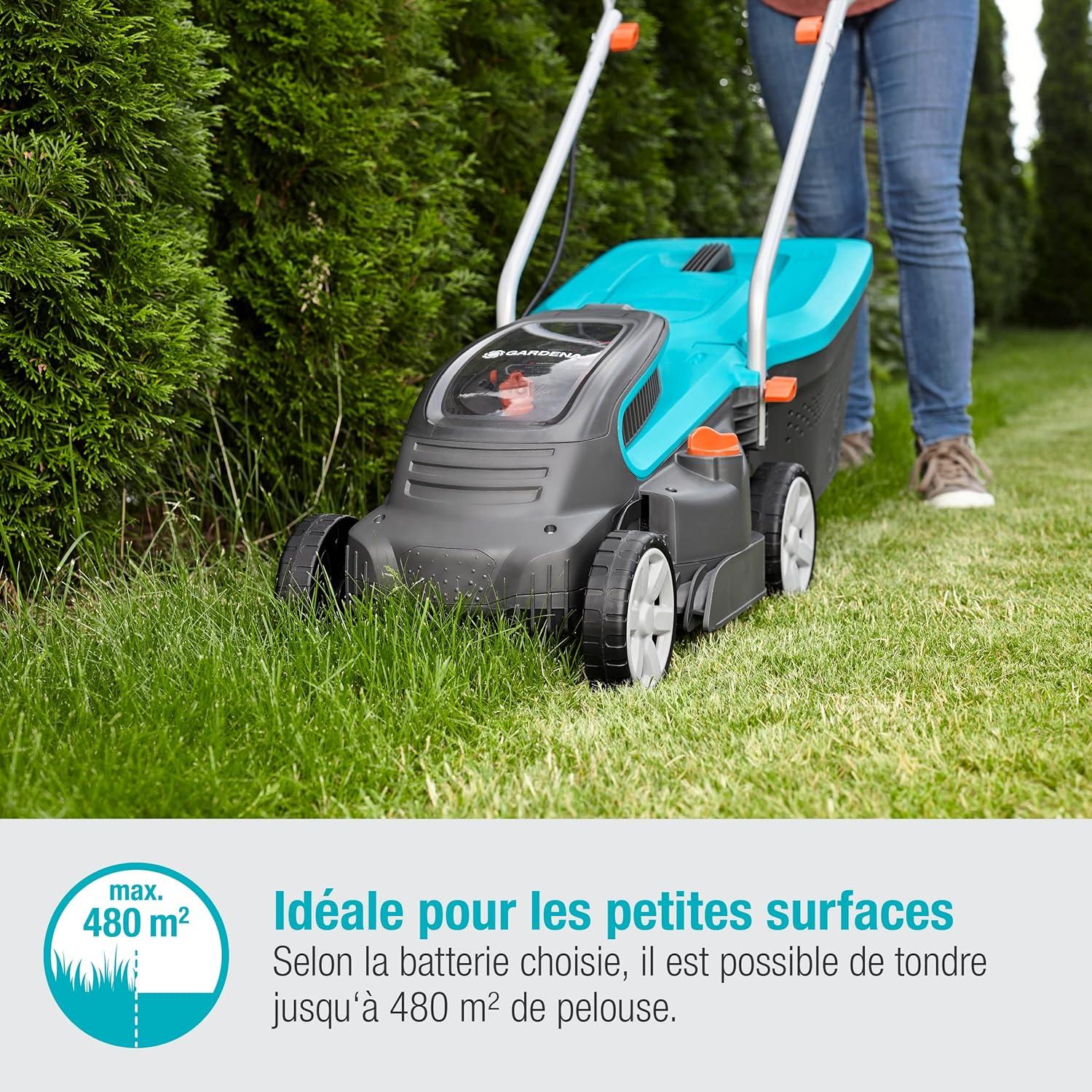imageGardena set tondeuse gazon sans fil PowerMax 3736V P4A prt lemploi Tondeuse amplt350 m largeur coupe 37 cm volume bac 45 l rg central haut coupe moteur PowerPlus mode co 146382032cm anne du modle 2023