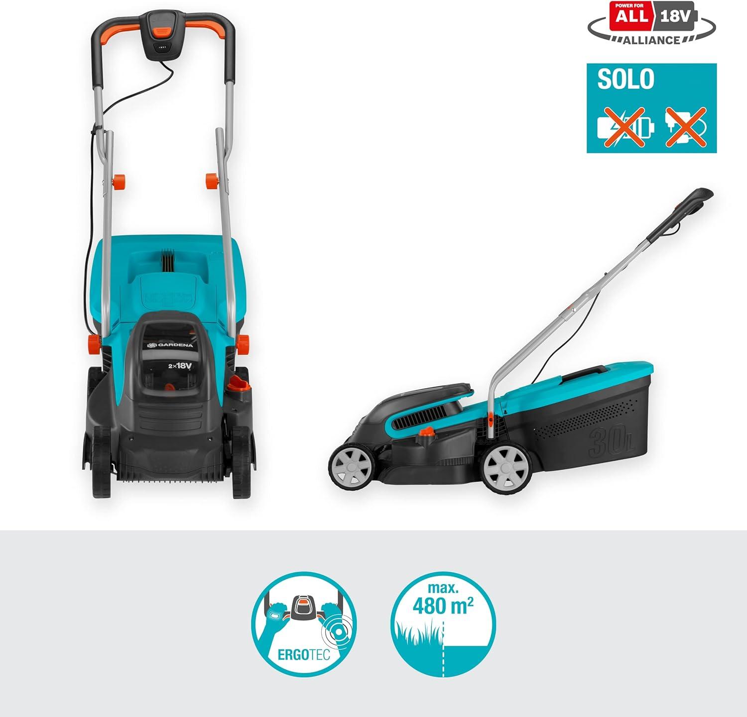 imageGardena set tondeuse gazon sans fil PowerMax 3736V P4A prt lemploi Tondeuse amplt350 m largeur coupe 37 cm volume bac 45 l rg central haut coupe moteur PowerPlus mode co 146382032cm anne du modle 2023