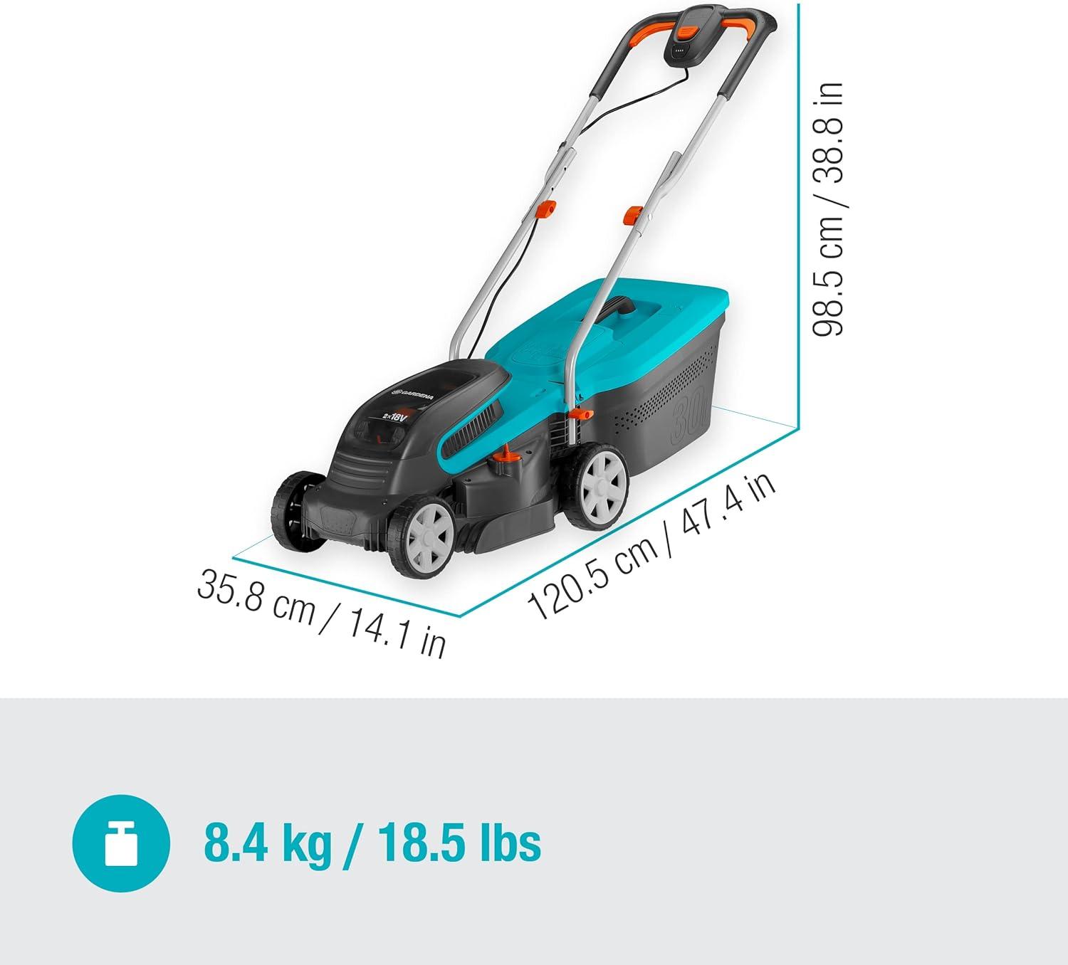 imageGardena set tondeuse gazon sans fil PowerMax 3736V P4A prt lemploi Tondeuse amplt350 m largeur coupe 37 cm volume bac 45 l rg central haut coupe moteur PowerPlus mode co 146382032cm anne du modle 2023