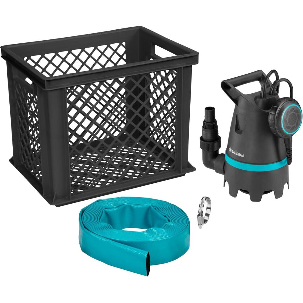 imageGardena Kit antiinnondations 10500 pompe submersible de dbit 10500 lh fonctionnement automatique filtre particules jusqu 25 mm avec raccord de tuyau et coffre de rangement 400 W 900947