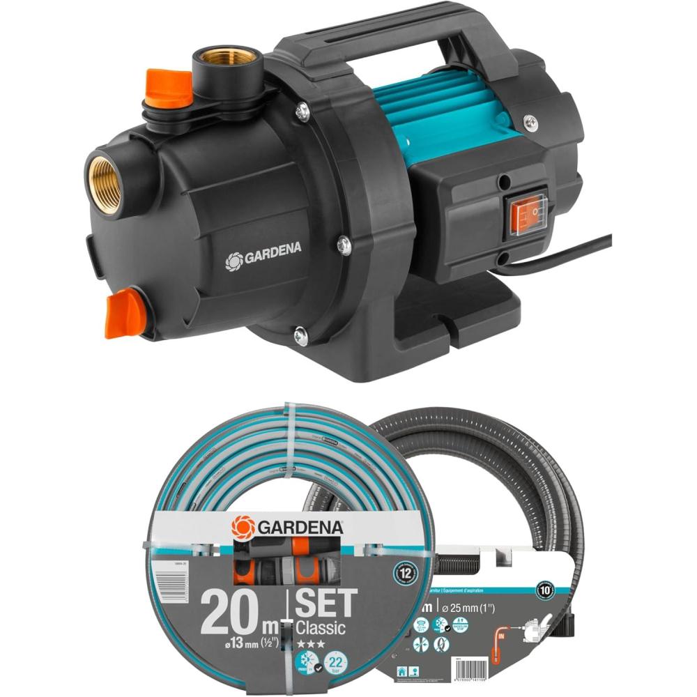 imageGardena Pompe de jardin 30004 Basic Set Pompe darrosage avec unit daspiration 35 m et tuyau Classic 20 m pulvrisateur deau et pices de raccord dbit 3000 lh 600 W arbre inox 901147jusqu 3000 lh avec tuyau