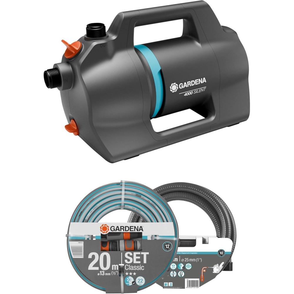 imageGardena Pompe de jardin 4100 Silent Set Pompe dirrigation trs silencieuse et innovante avec kit daspiration de 35 m et tuyau classique de 20 m dbit 4100 lh moteur 550 W tanche905120