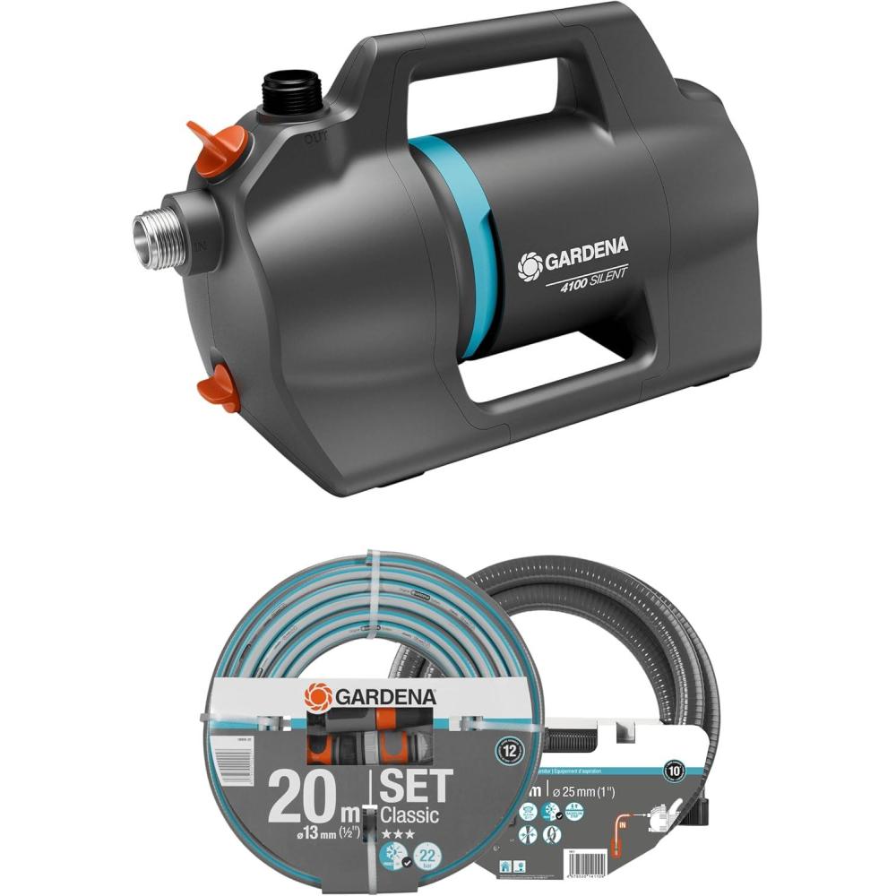 imageGardena Pompe de jardin 4200 Silent Set Pompe dirrigation trs silencieuse et innovante avec kit daspiration de 35 m et tuyau classique de 20 m dbit 4200 lh moteur 600 W tanche905520