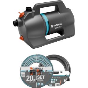 Gardena Pompe de jardin 4100 Silent Set :Pompe d&rsquo;irrigation très silencieuse et innovante avec kit d&rsquo;aspiration de 3,5 m et tuyau classique de 20 m, débit 4100 l/h, moteur 550 W, étanche(9051-20)