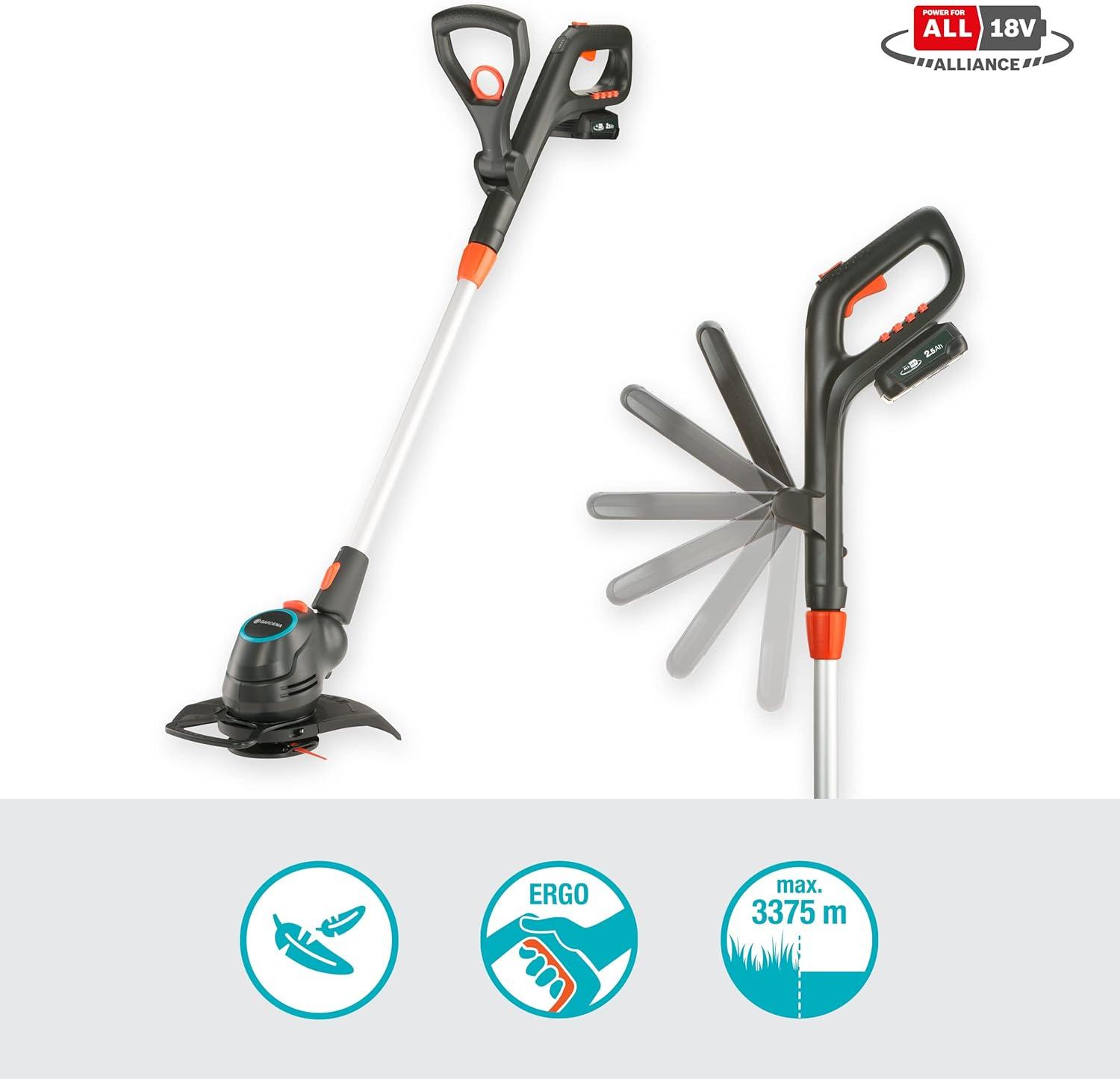 imageSet coupebordureshaie sans fil ComfortCut 2318 V P4A Gardena Dbroussailleuse avec cercle de coupe 230 mm manche tlesc et tte de taille pivotante etbatterie 18 V P4A 1470120avec batterie