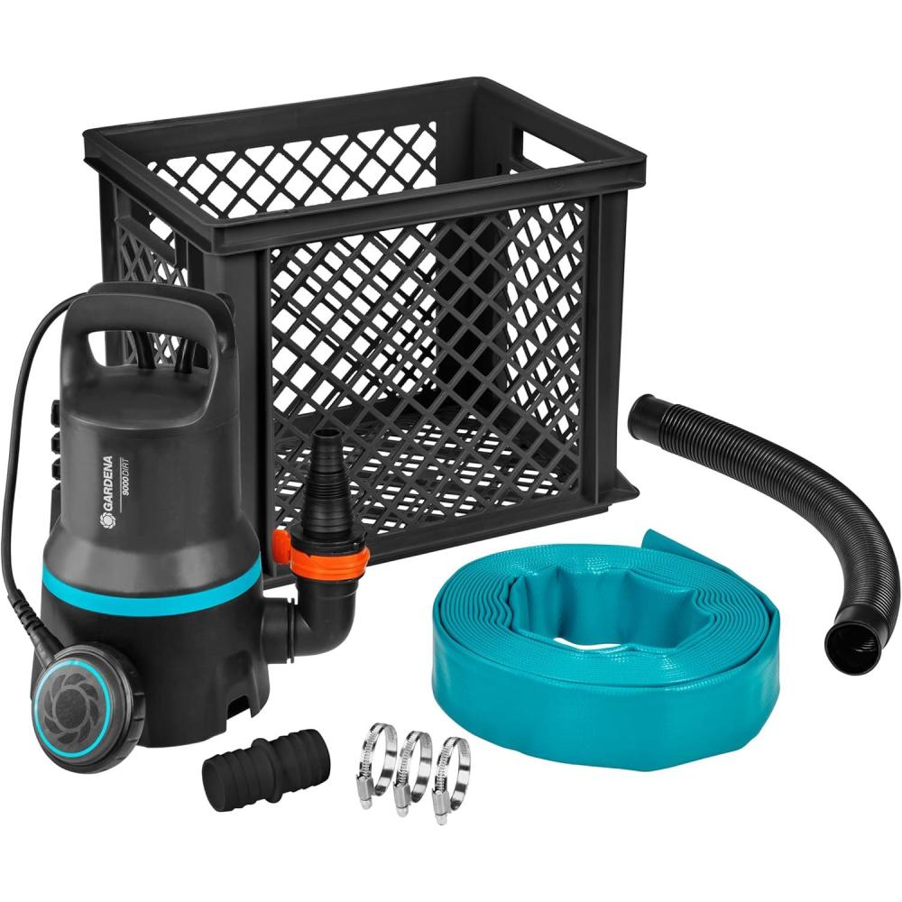 imageGardena Kit antiinnondations 9000 pompe submersible de dbit 9000 lh fonctionnement automatique filtre  particules jusqu 25 mm avec raccord de tuyau et coffre de rangement 300 W 904120